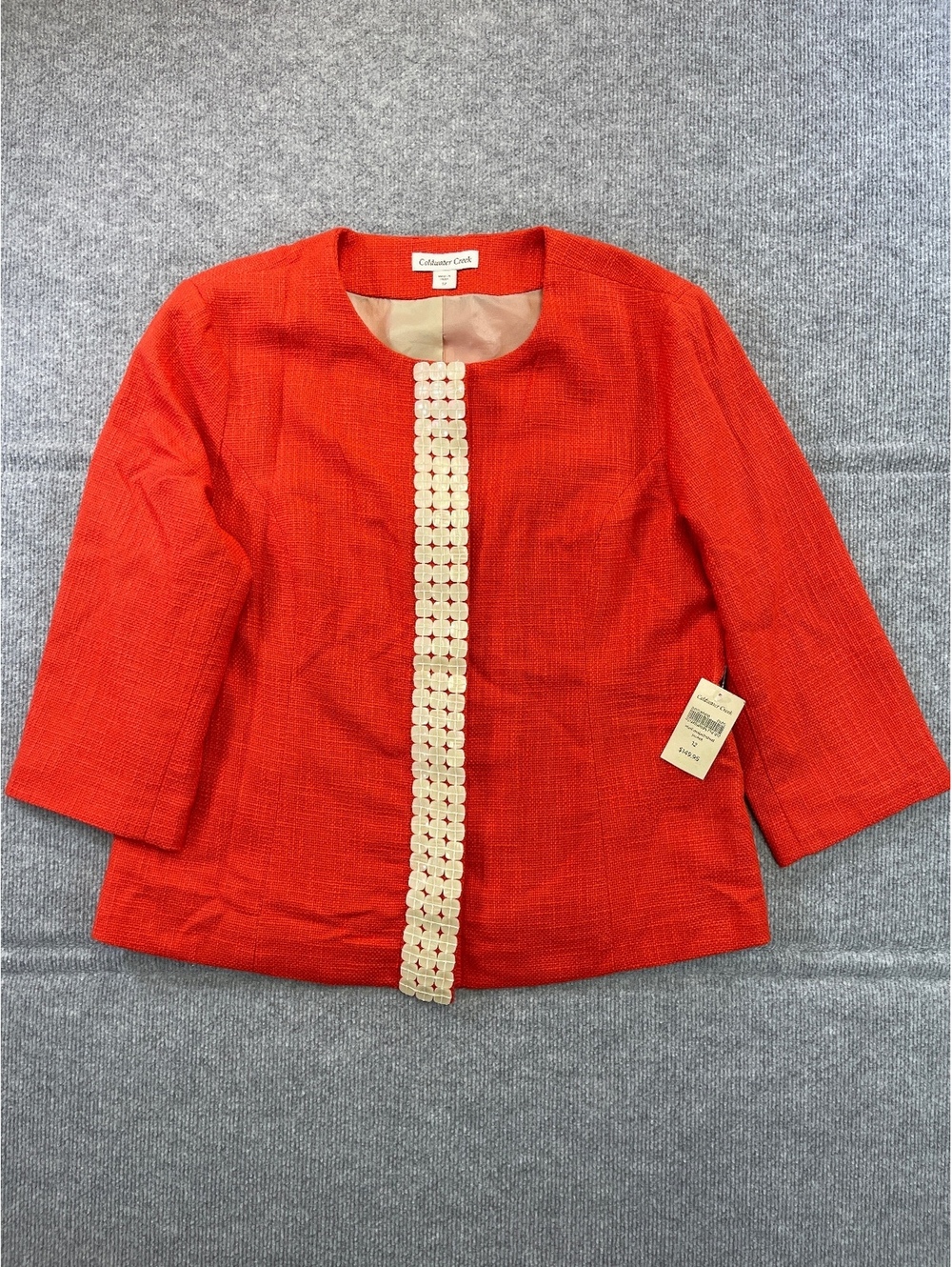Coldwater Creek Size 12 Red Textured Blazer Jacket Open Front Beaded Trim NWT